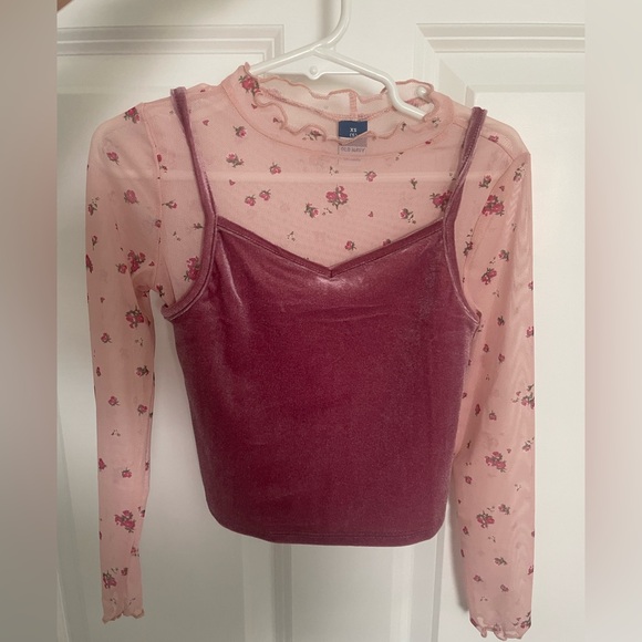 Old Navy Other - Old Navy Girls Floral Mesh and Velvet Pink Top